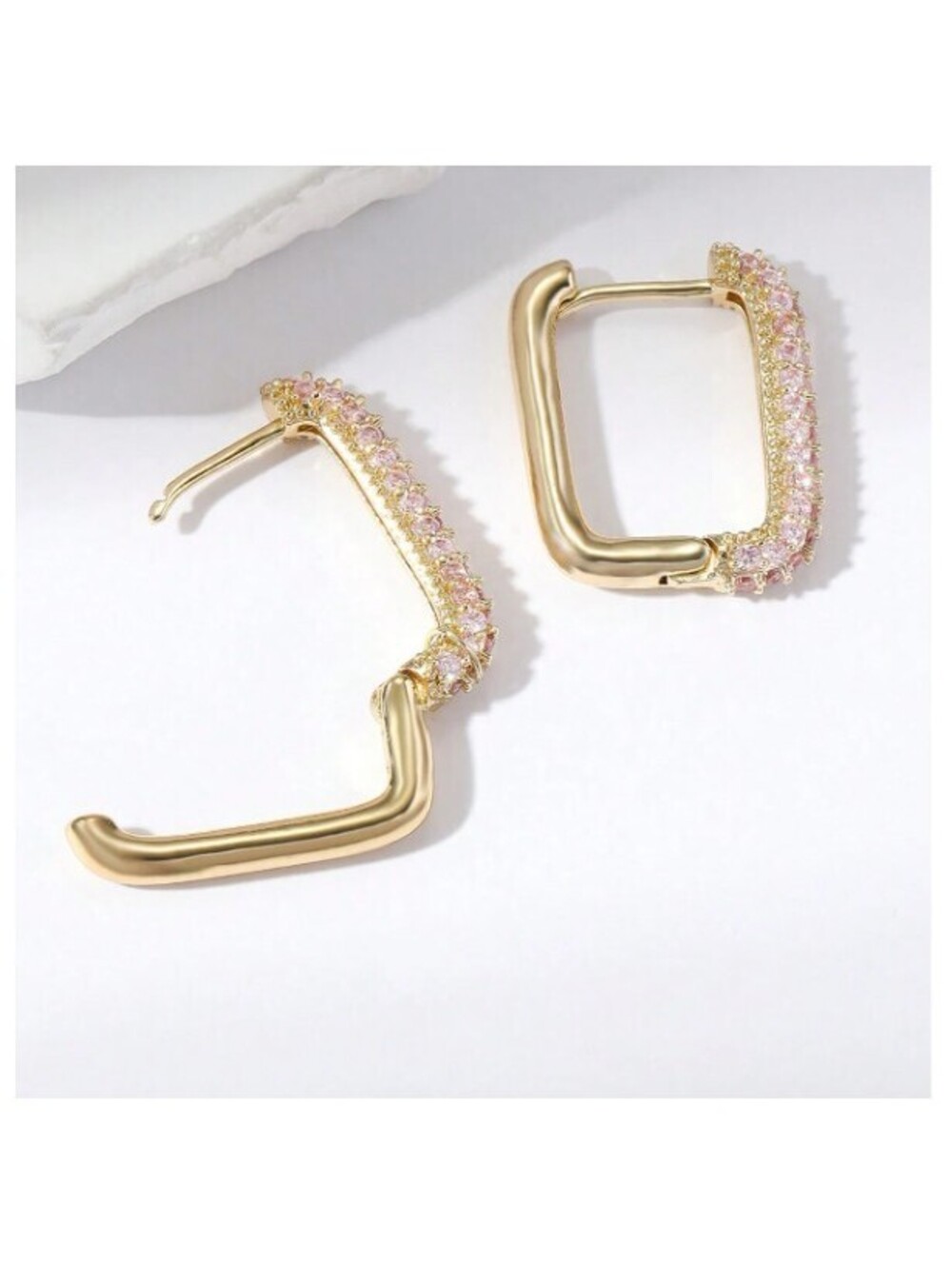 Pave rectangle hoop - Earrings - Silver - CZs - 1" - Picture 4 of 4